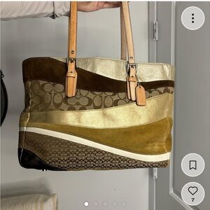 Coach 1441 Tan Gold Brown Patchwork Leather and Jacquard Tote Shoulder Bag
